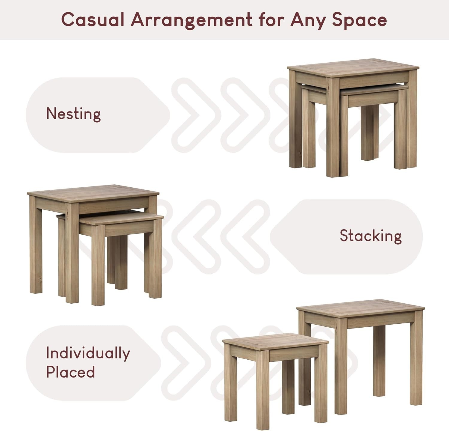 Modern Nesting Coffee Side Tables Pine Wood Living Room Furniture Beige New