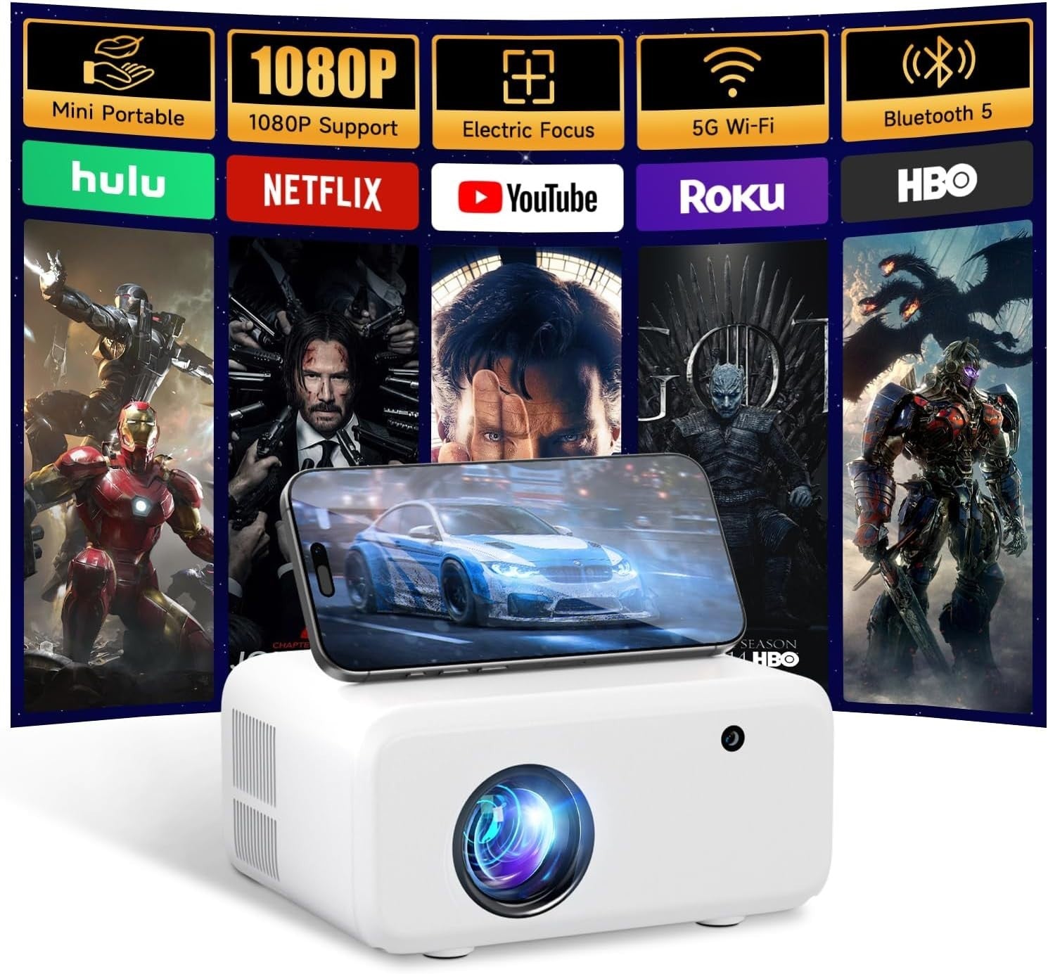 Mini WiFi Bluetooth Projector 1080P Support 13000L Auto Keystone 300"