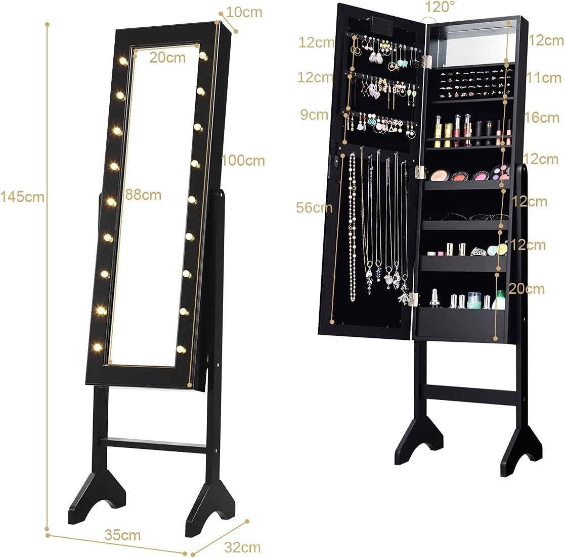 Black LED Jewelry Cabinet Standing Mirror Lockable Adjustable Storage