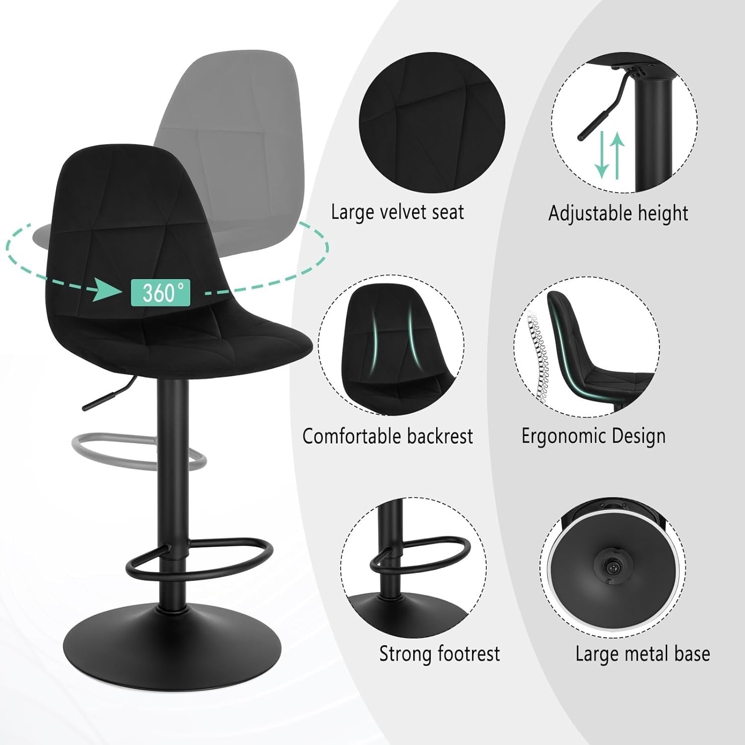 Adjustable Swivel Velvet Bar Stool L-Shaped Seat with Footrest 60-81cm