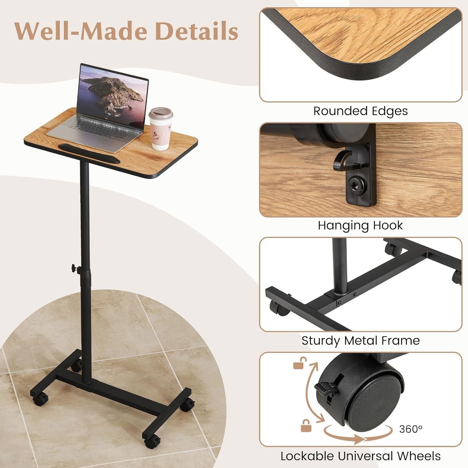 Adjustable Overbed Table Laptop Desk C Shaped Rolling Bedside Stand Brown