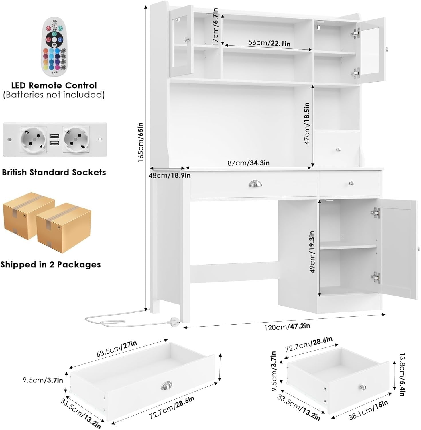 White Computer Desk with Drawers, Shelves, Power Outlet & LED Lights 120cm