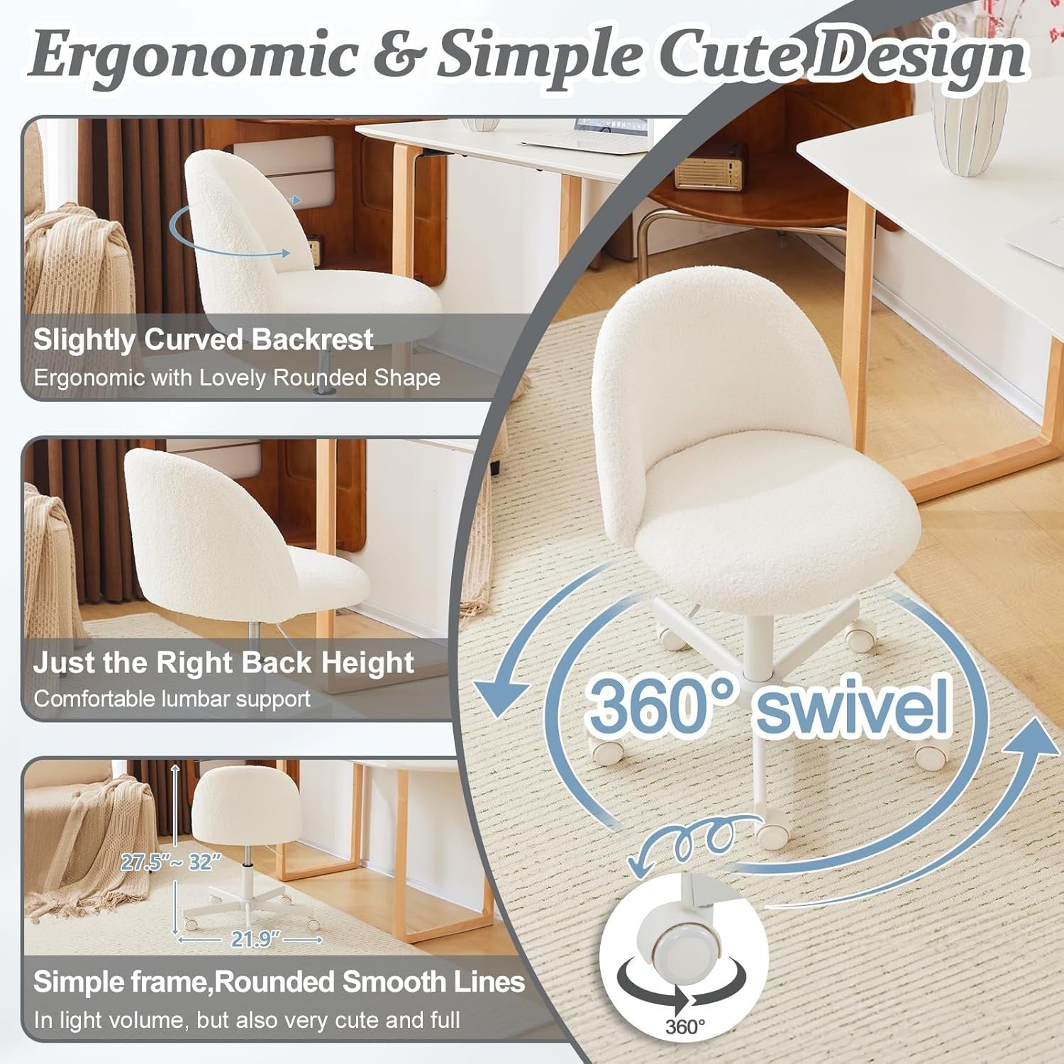 Elegant White Teddy Fleece Swivel Desk Chair Small Adjustable Vanity Seat