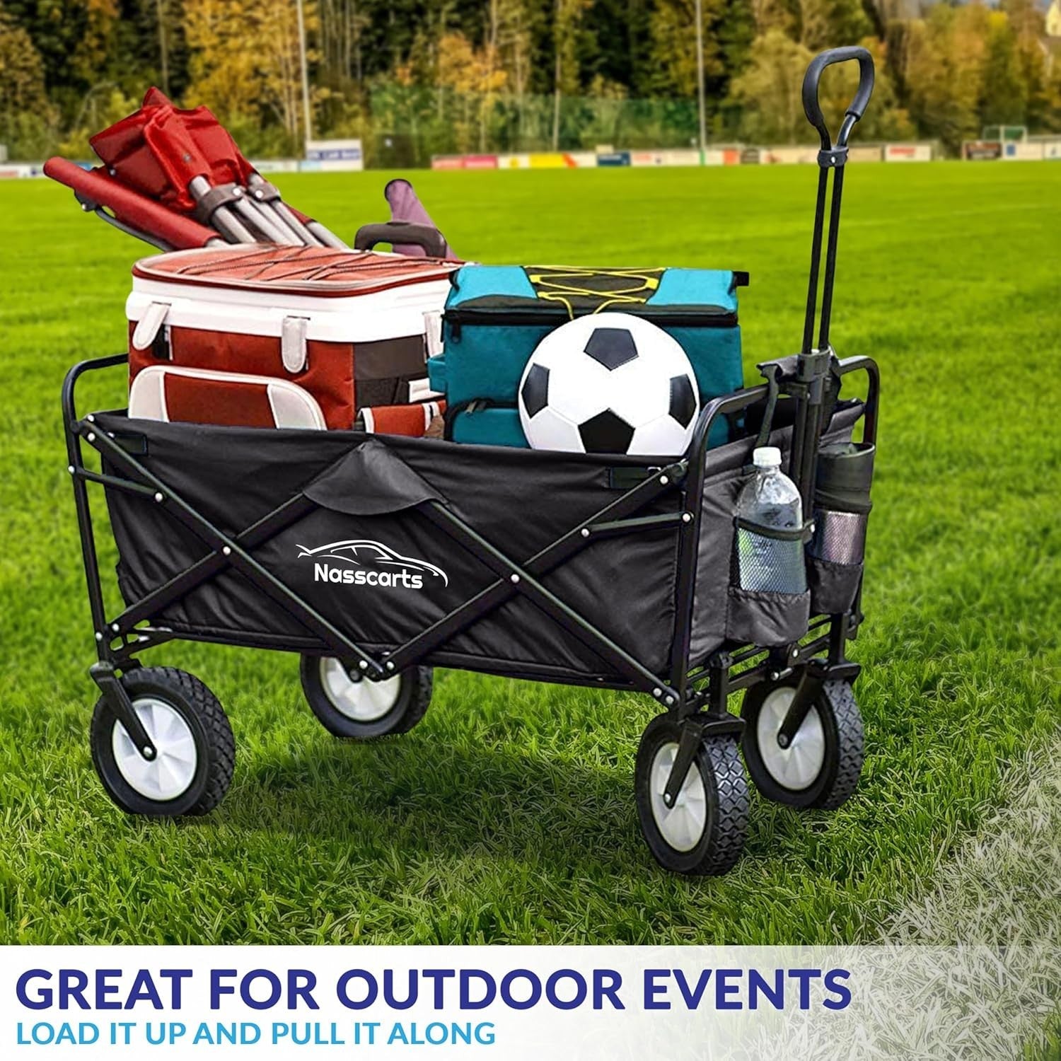 Black Folding Utility Wagon 68kg Multi-Terrain Garden Camping Shopping Trolley