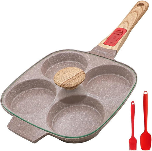 4-Cup Non-Stick Egg Pan with Lid Ceramic Pancake Skillet Detachable Handle Brown