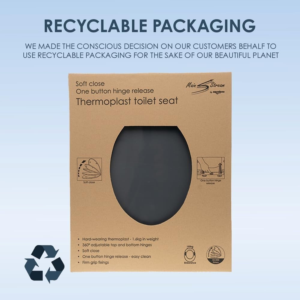 Grey Oval Toilet Seat Thermoplastic Quick Release Top & Bottom Fix 44.5x37cm