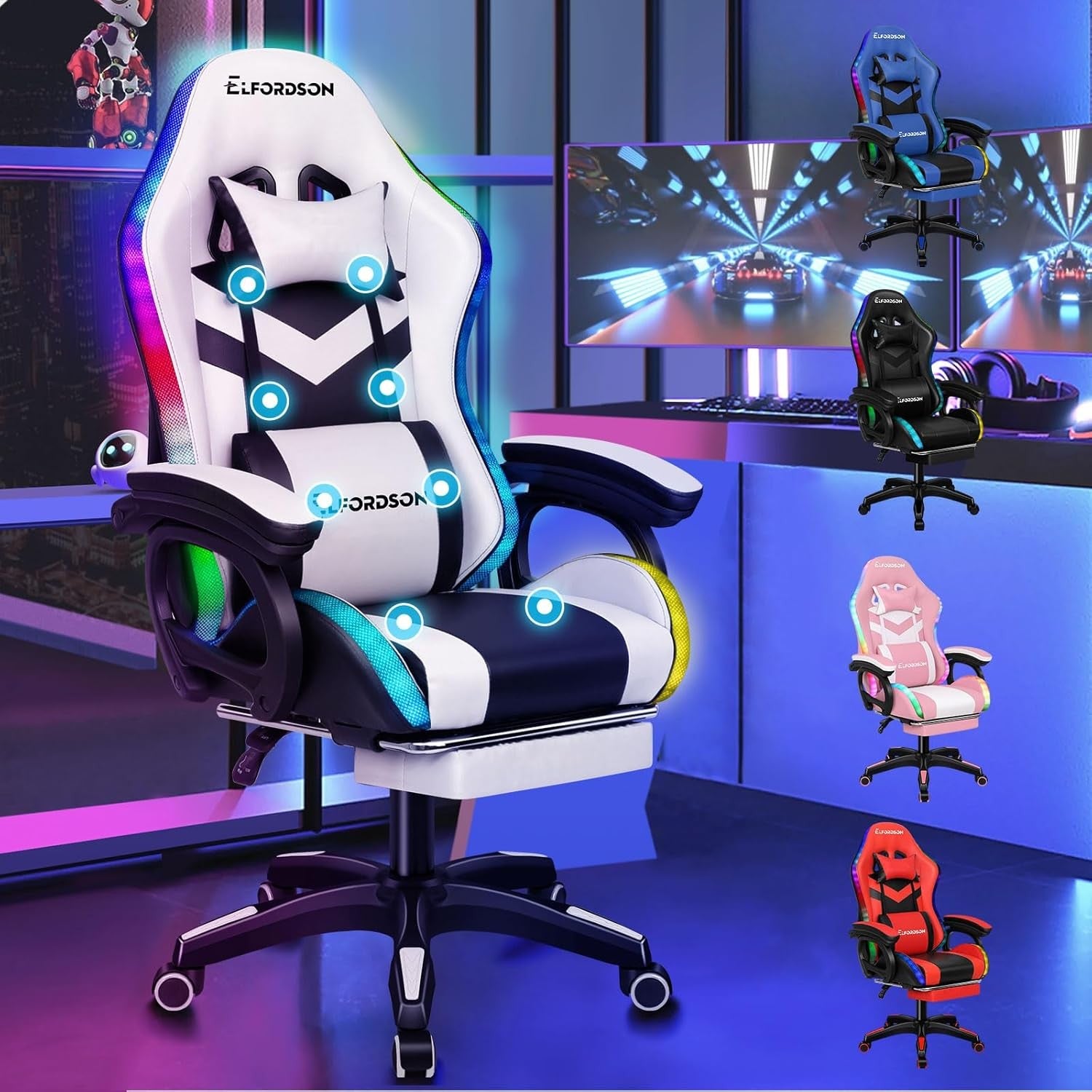 RGB LED Massage Gaming Chair Recliner w Footrest 150° High Back