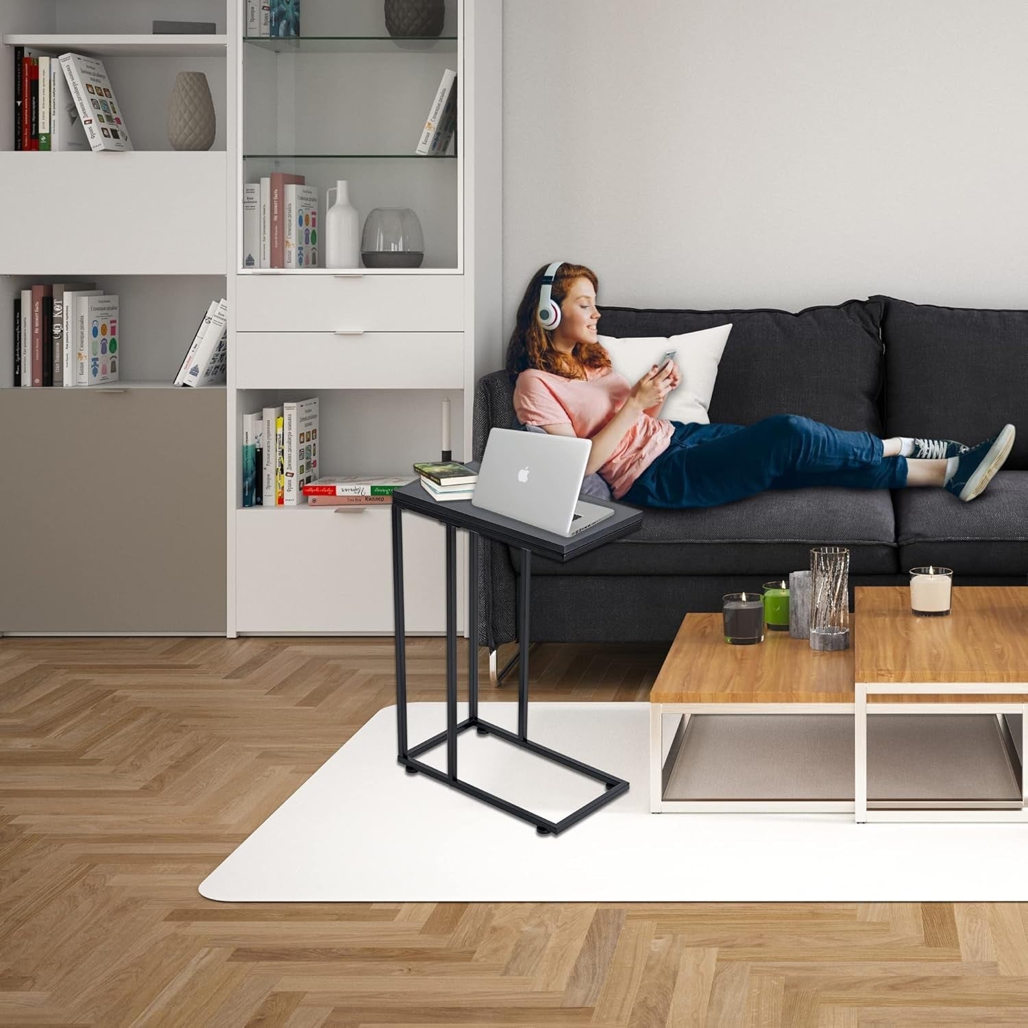 C Shaped Side Table with Metal Frame, Space-Saving Coffee & Laptop Table
