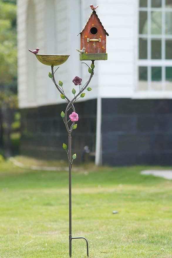 56" Metal Bird Bath with Birdhouse & Feeder – Outdoor Garden Décor