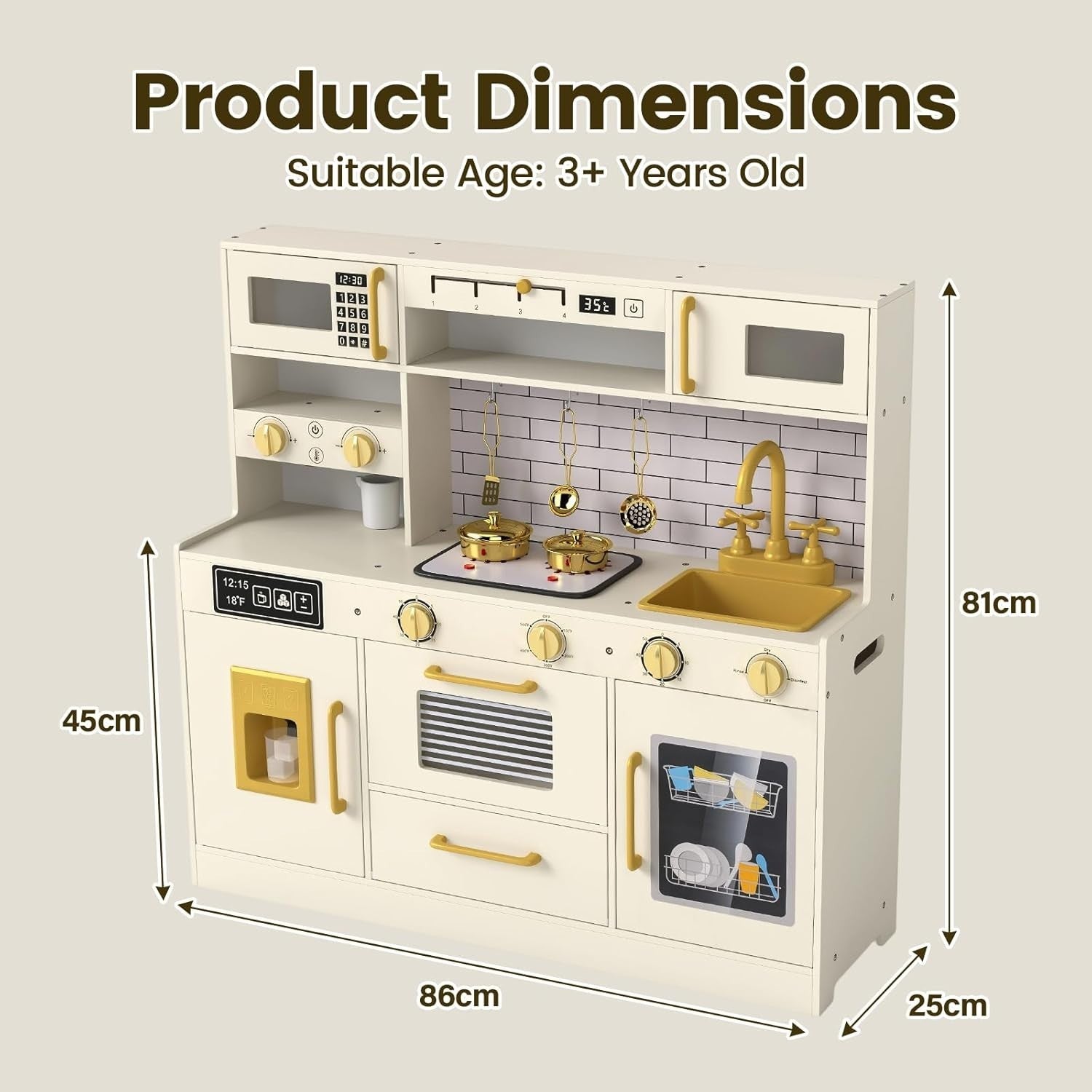 Kids Wooden Play Kitchen Lights Sounds Ice Dispenser Coffee Maker
