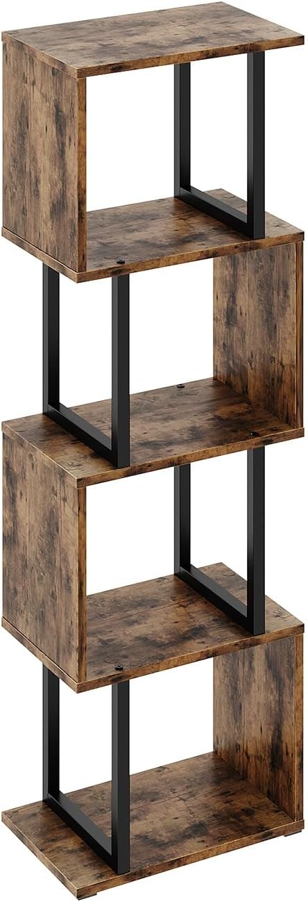 5-Tier S-Shaped Bookcase with LED Lights Rustic Brown Display Storage Shelf Unit