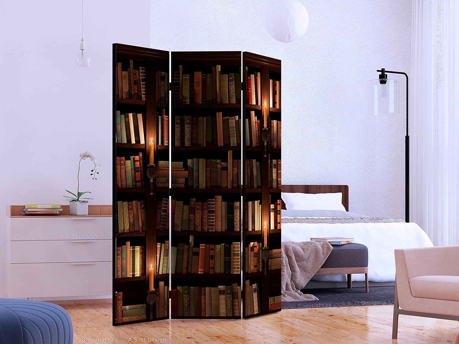 Library Print Folding Room Divider – Double-Sided Acoustic Foam Privacy Screen