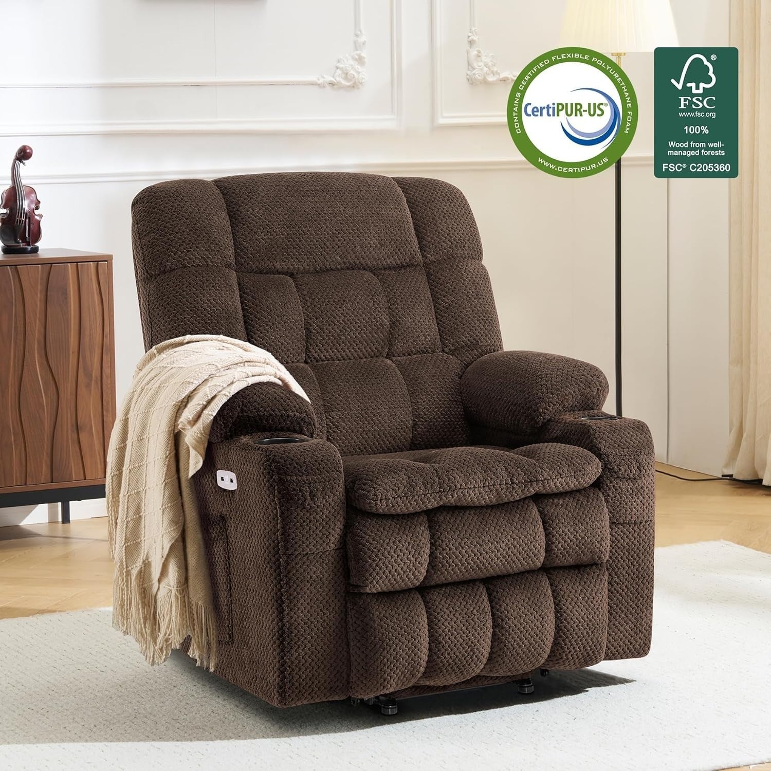 Brown Dual Motor Riser Recliner Chair Infinite Position Heated Massage USB