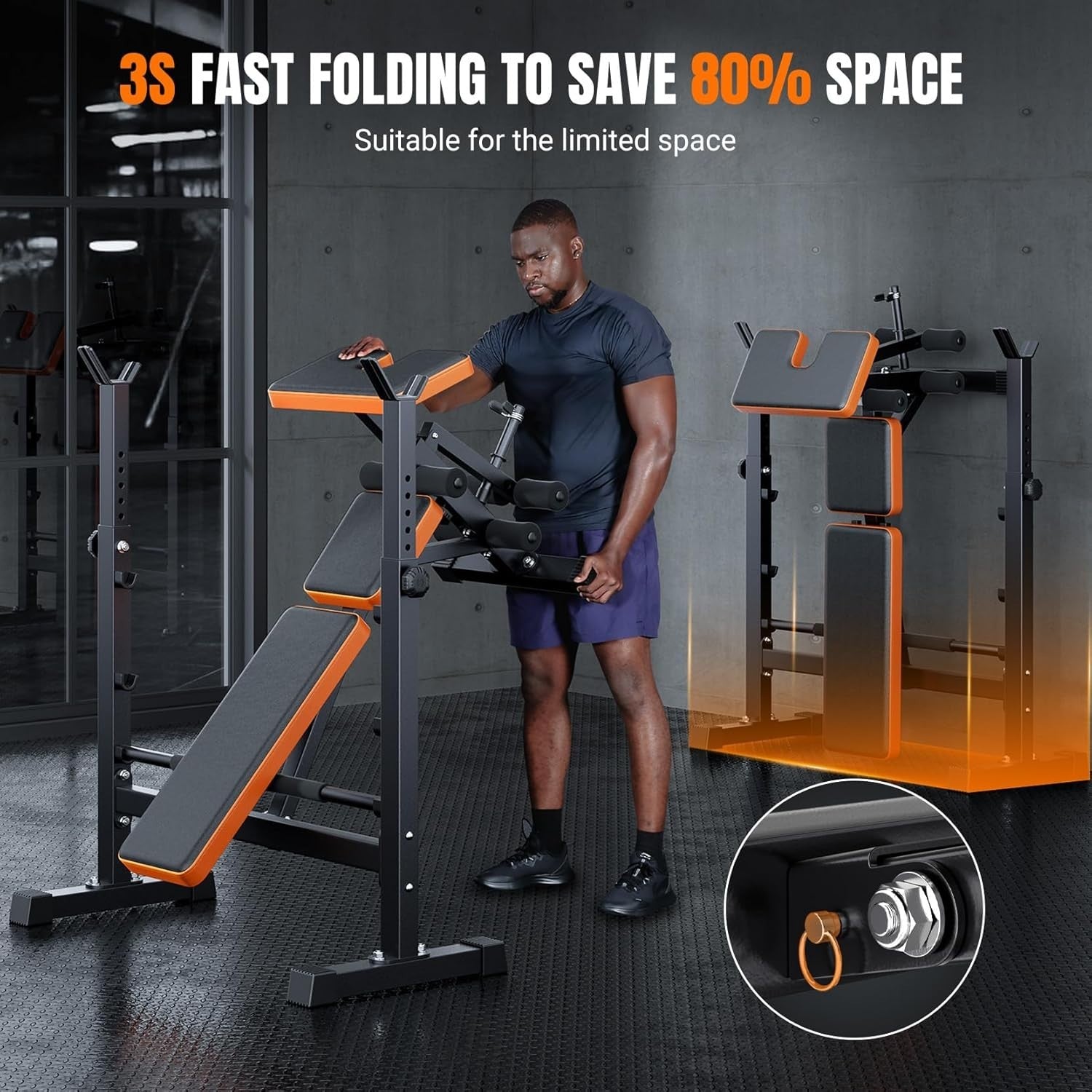 Orange 6-in-1 Multi-Function Weight Bench Leg Press Preacher Rack