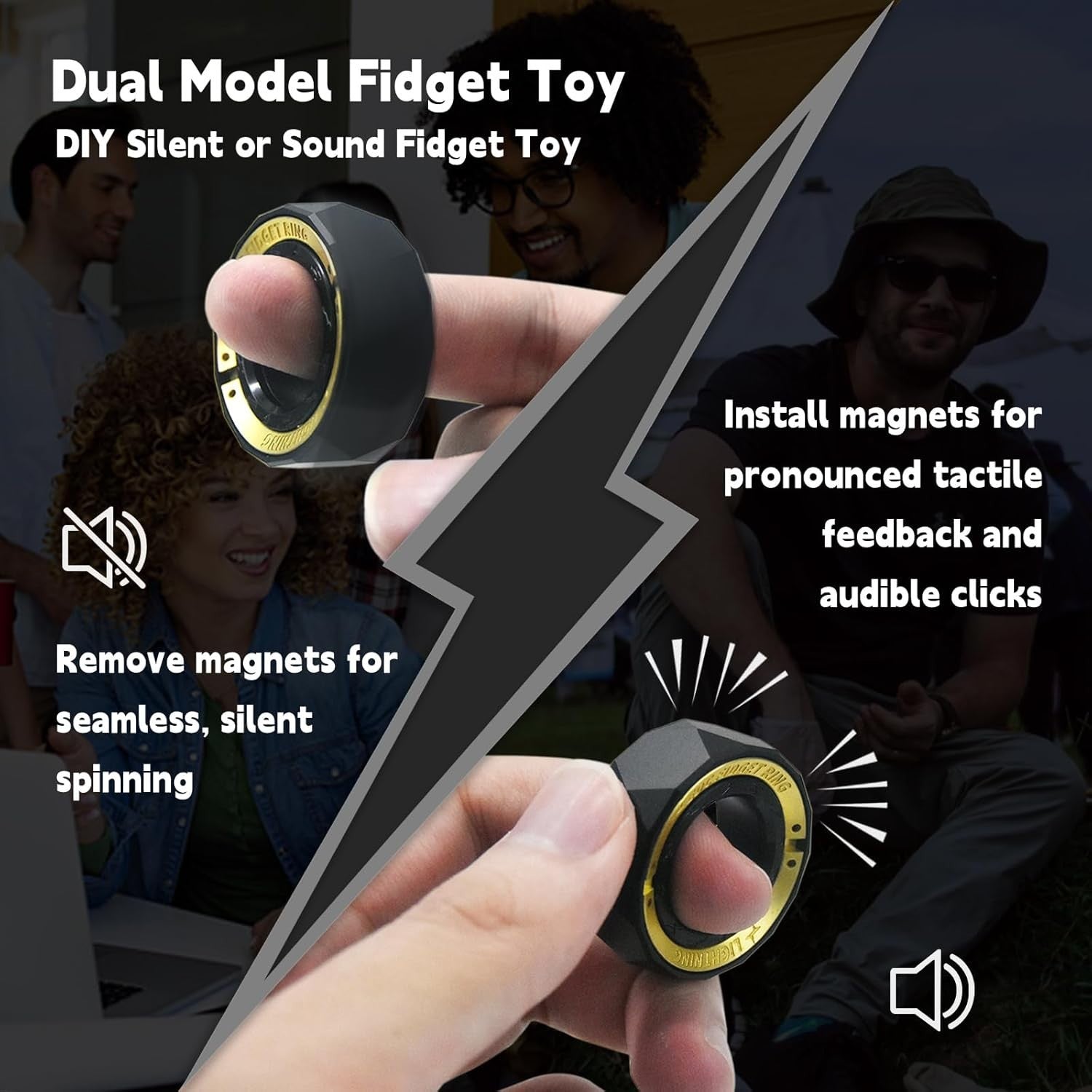 Matte Black Stainless Steel Fidget Ring Spinner Silent Click Stress