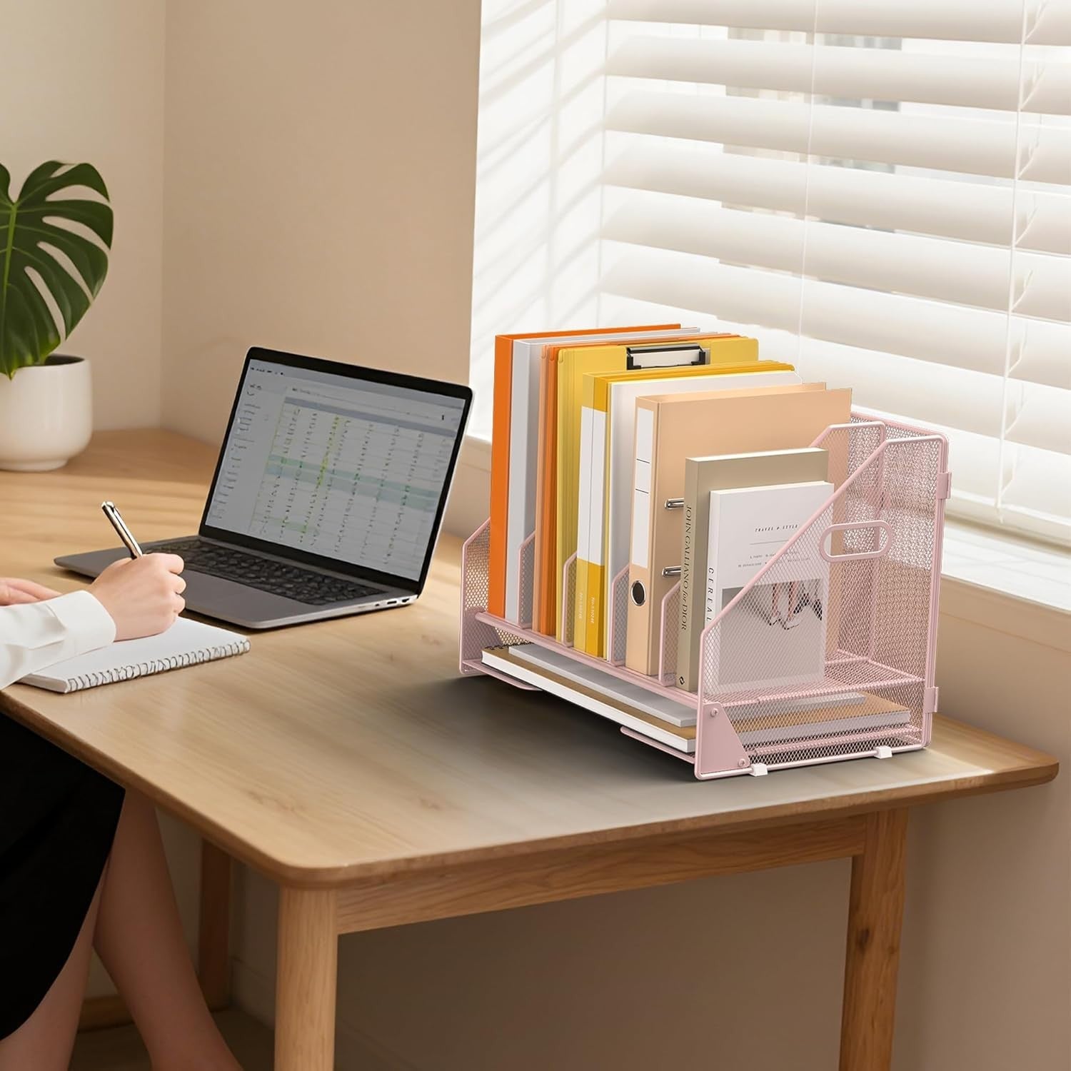 5-Tier Desktop File Organizer Rack | Adjustable Vertical Compartments, Pink