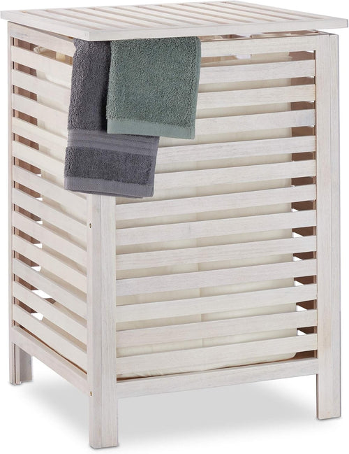 52L White Wood Laundry Hamper Vintage Slatted Design with Removable Liner Bag