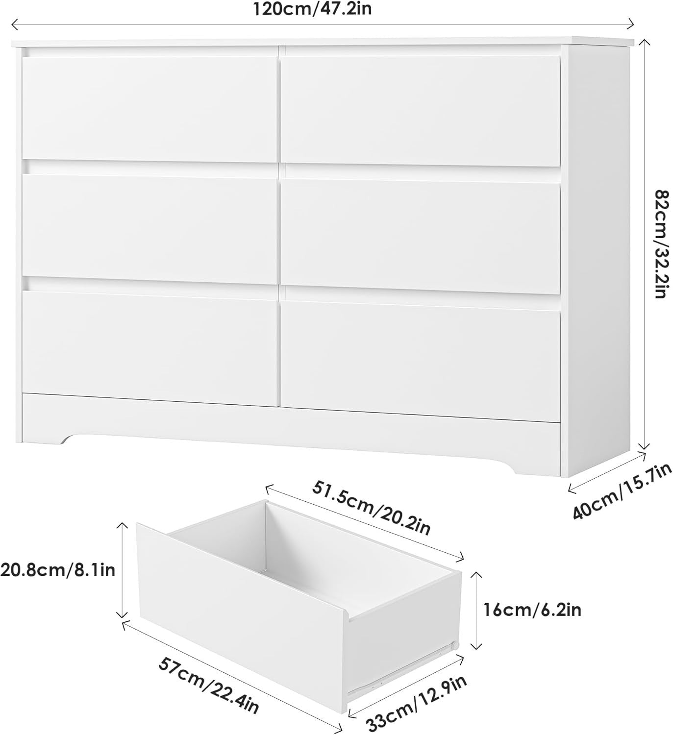 White 6 Drawer Chest Modern Wide Dresser Storage Unit Bedroom Cabinet