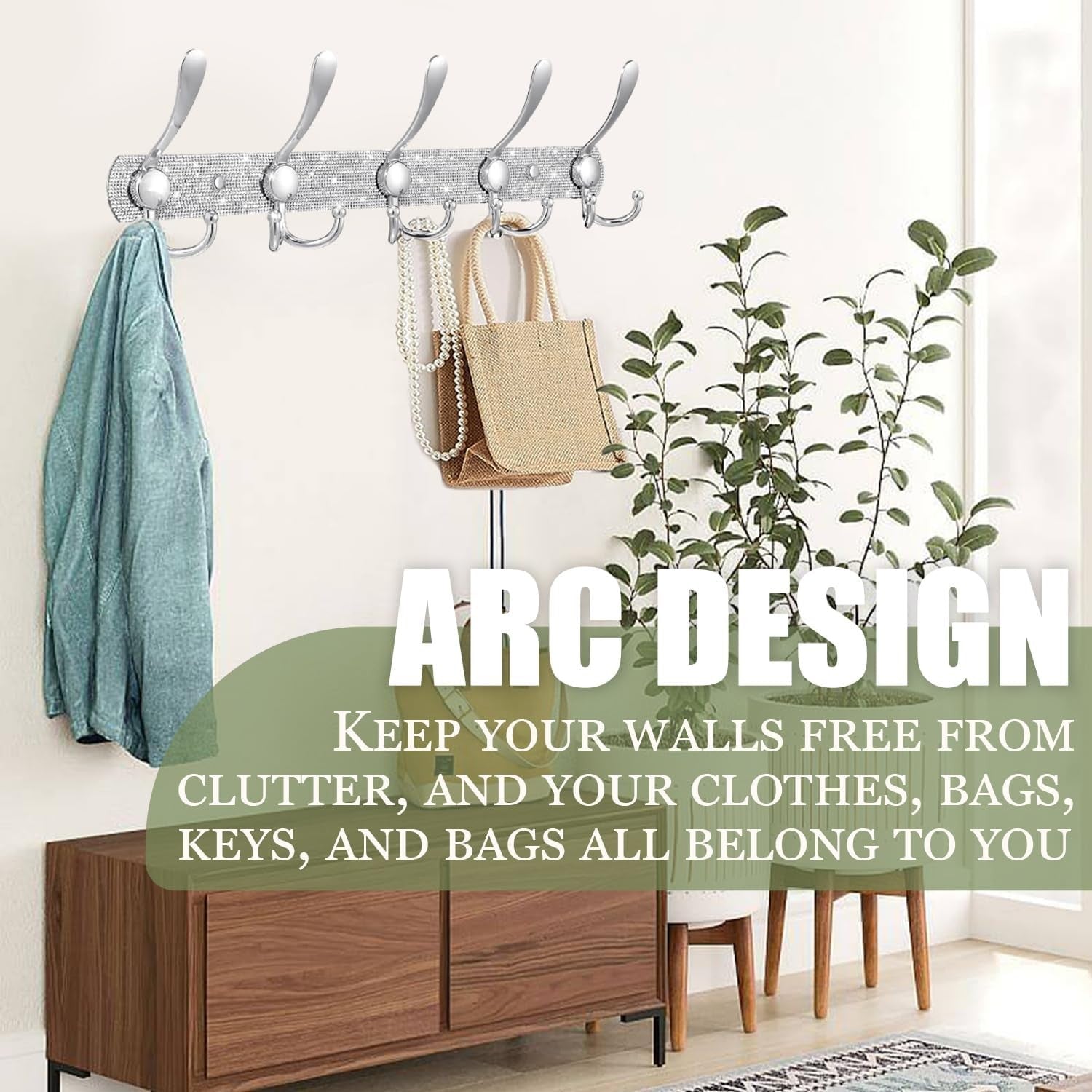 Luxury Wall Mounted Coat Rack Rhinestone Hooks 2Pack Heavy Duty Silver Hanger