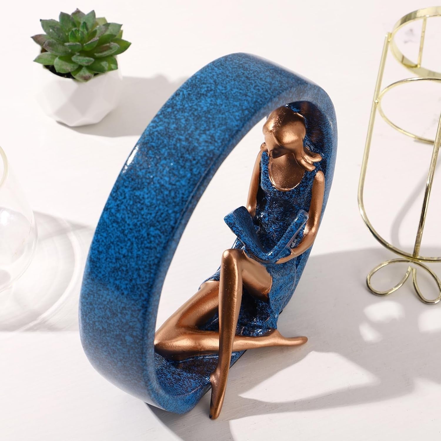 Modern Reading Girl Statue • Blue Resin Ring Sculpture • Elegant