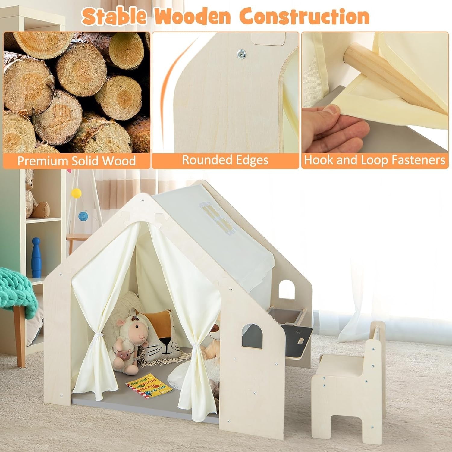 Kids Wooden Play Tent with Table Chair Blackboard Indoor Playhouse Set
