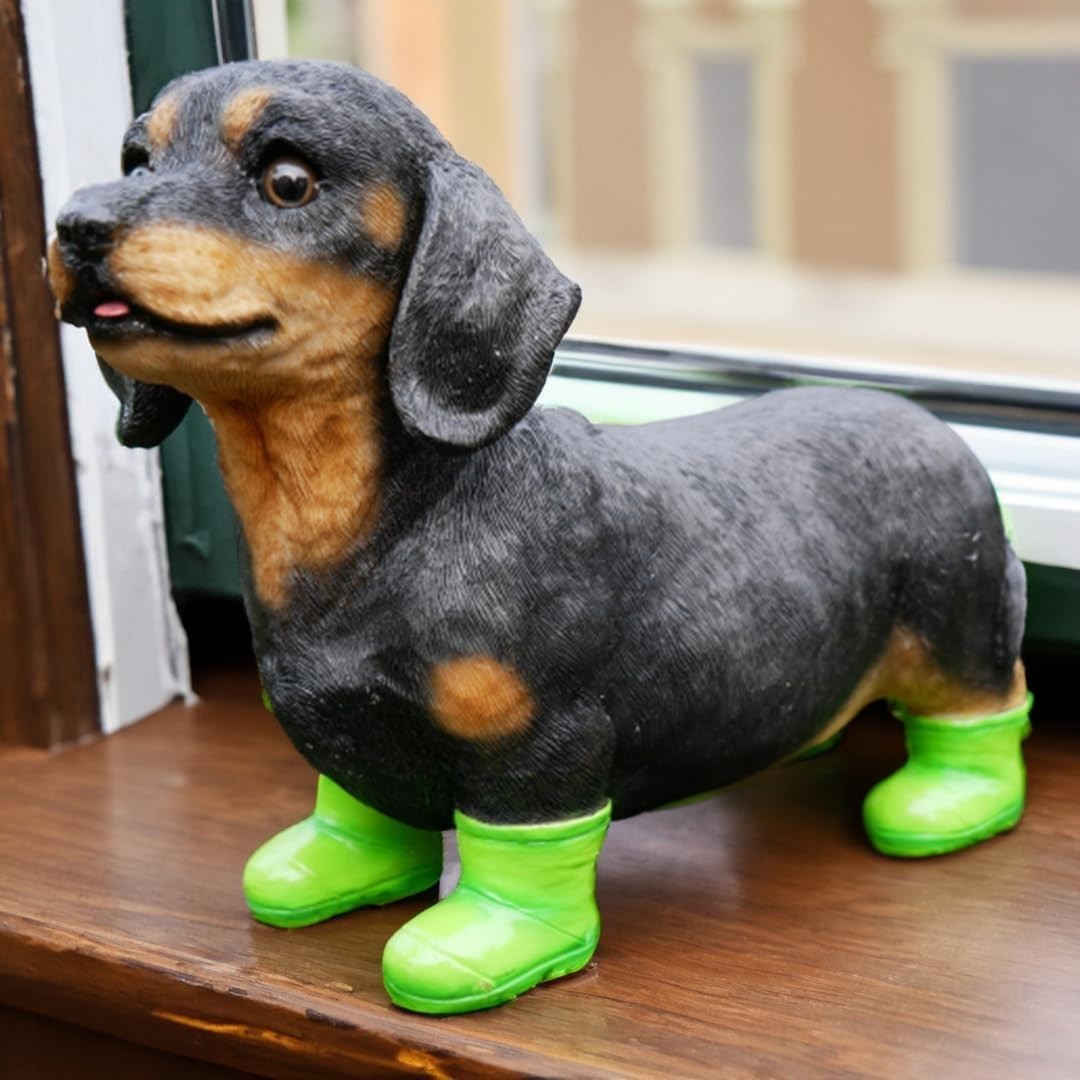 Miniature Dachshund Dog Garden Ornament 26cm Resin Sausage Dog in Boots Decor