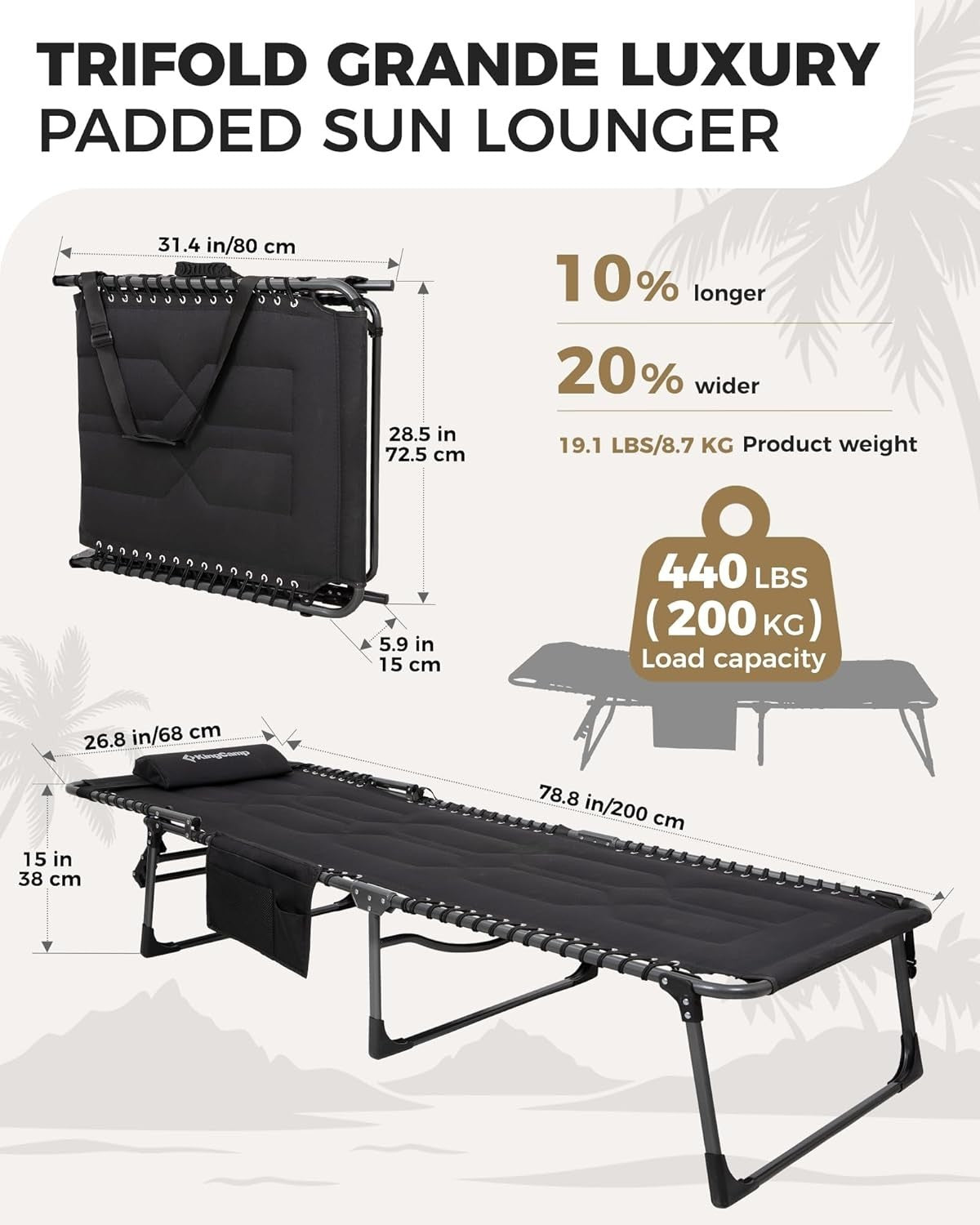 Heavy Duty Folding Reclining Sun Lounger Padded Bed Garden Chair 200kg