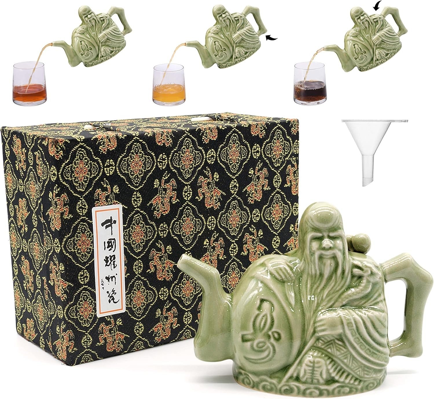 Magic Trick Teapot Ceramic Two Chamber Tea Kettle 16oz Gift Box Green