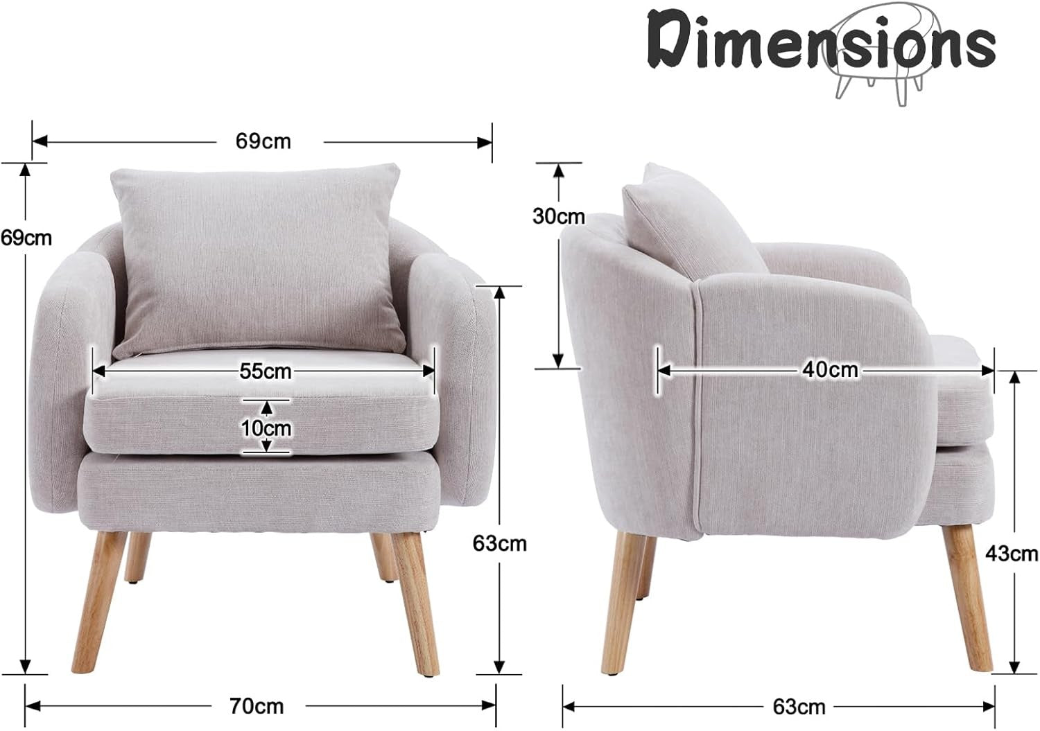 Grey Chenille Accent Armchair Upholstered Lounge Chair Wood Legs