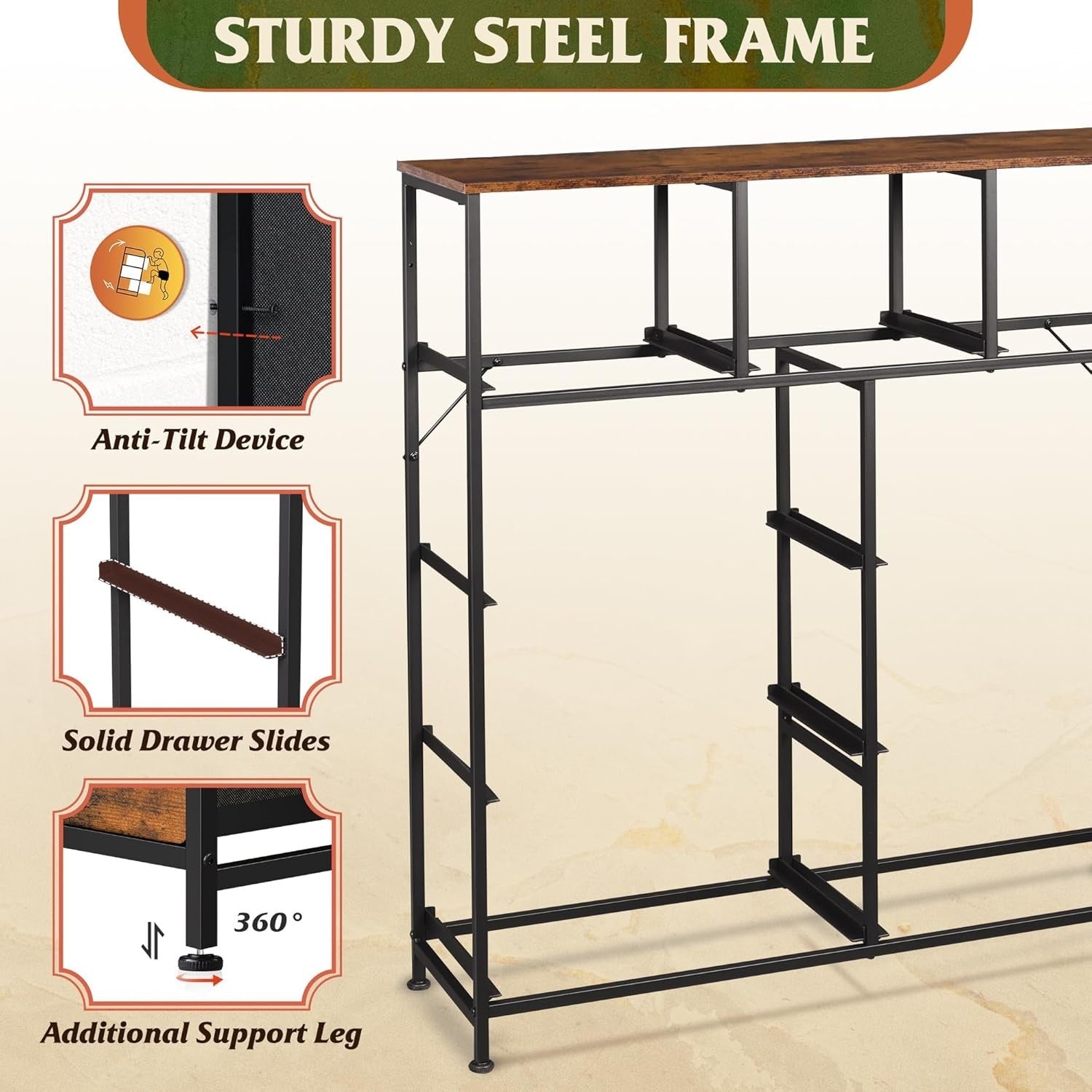 9 Drawer Fabric Storage Chest Wood Top Steel Frame Rustic Brown Organizer