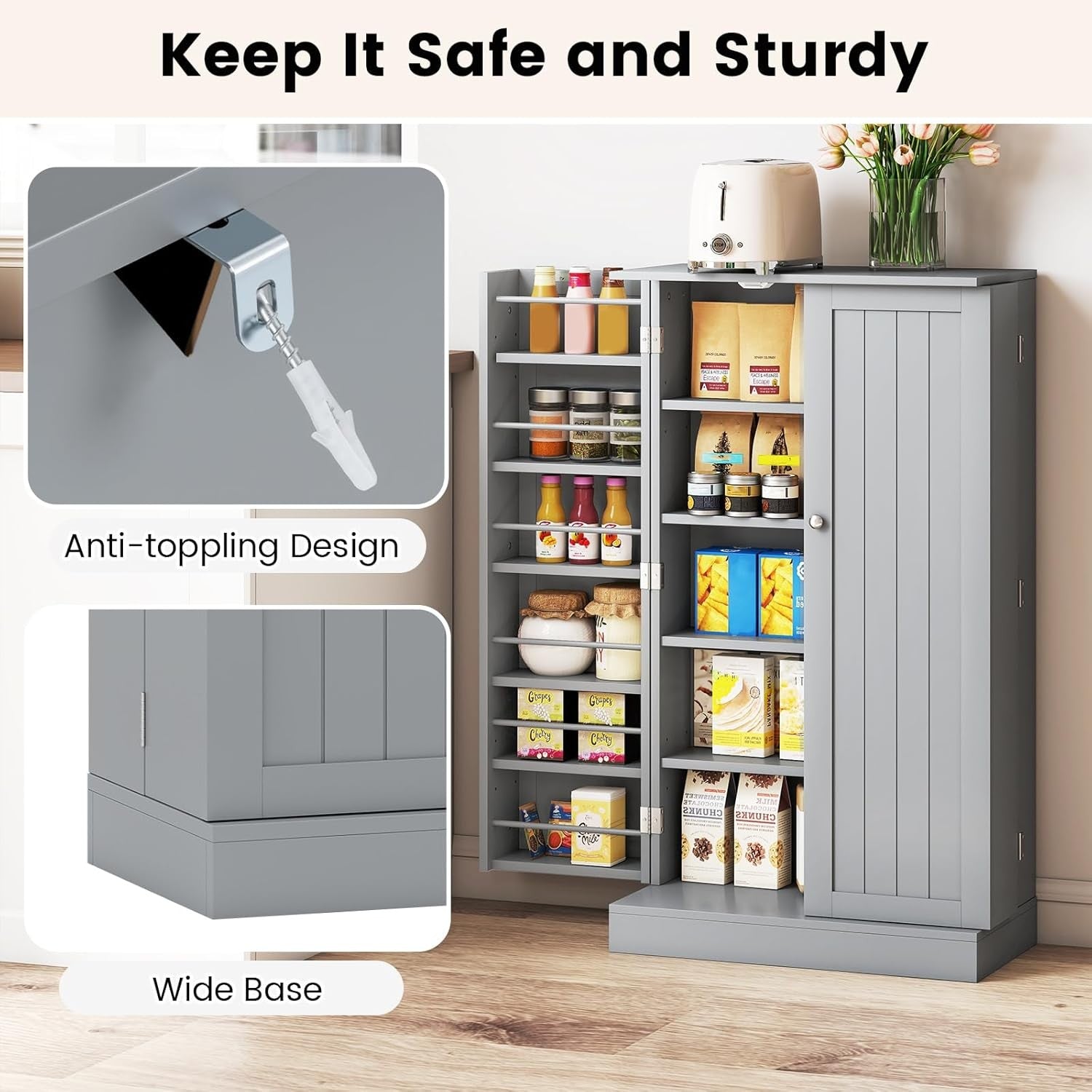 Tall Grey Kitchen Pantry Cupboard Cabinet Adjustable Shelves Storage Unit