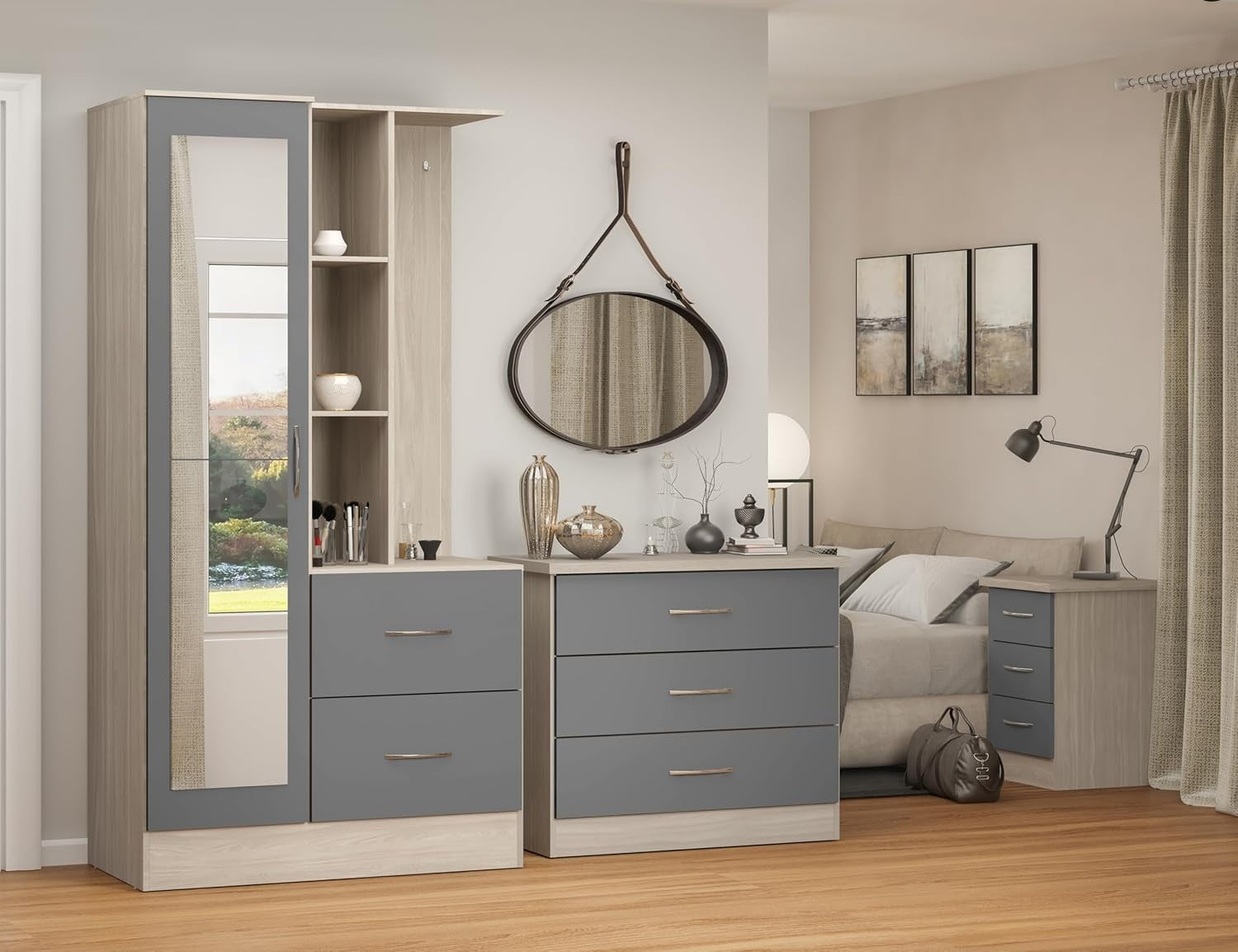 Grey Gloss Wardrobe with Mirror & Drawers Oak Effect Storage Unit