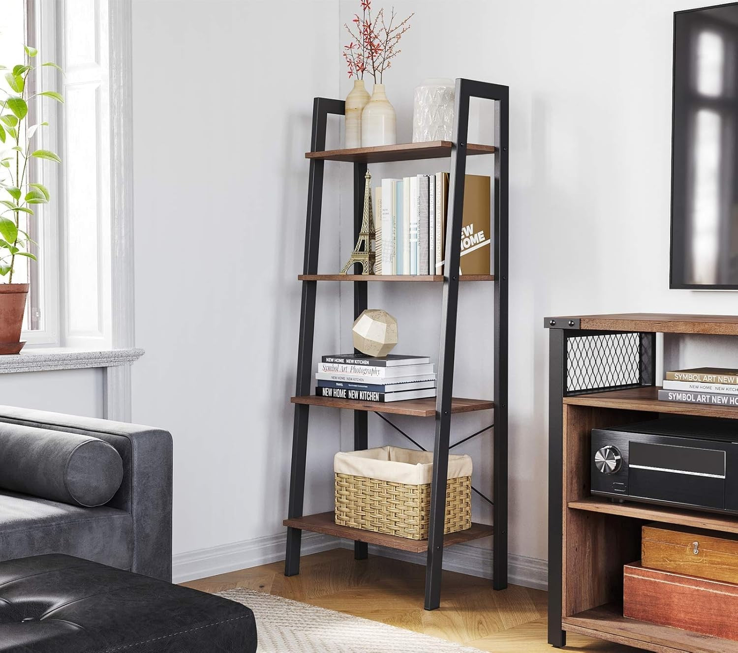 4-Tier Industrial Ladder Shelf – Steel Frame Bookshelf with Anti-Tip Kit