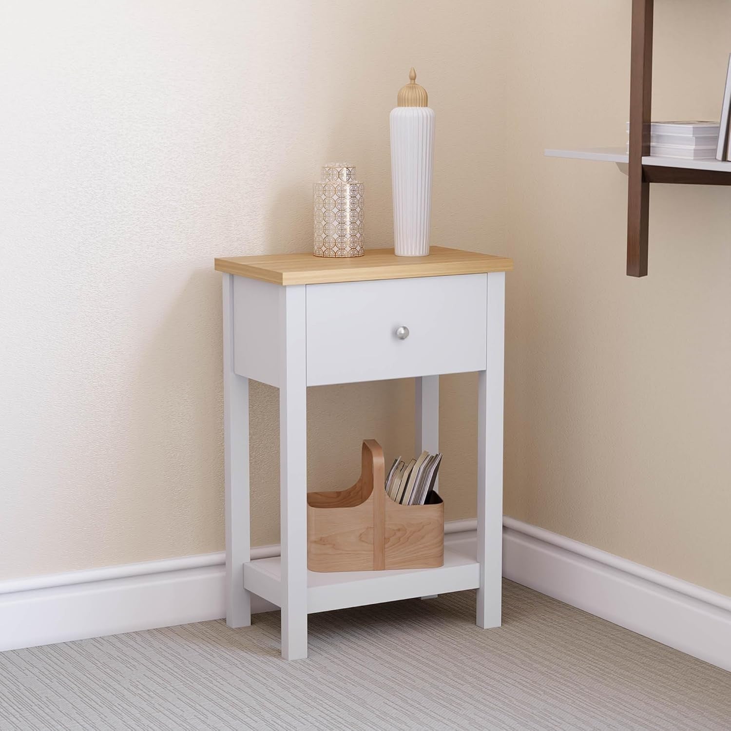 Compact 1-Drawer Console Table Hallway Shelf, White & Oak, Stylish Storage