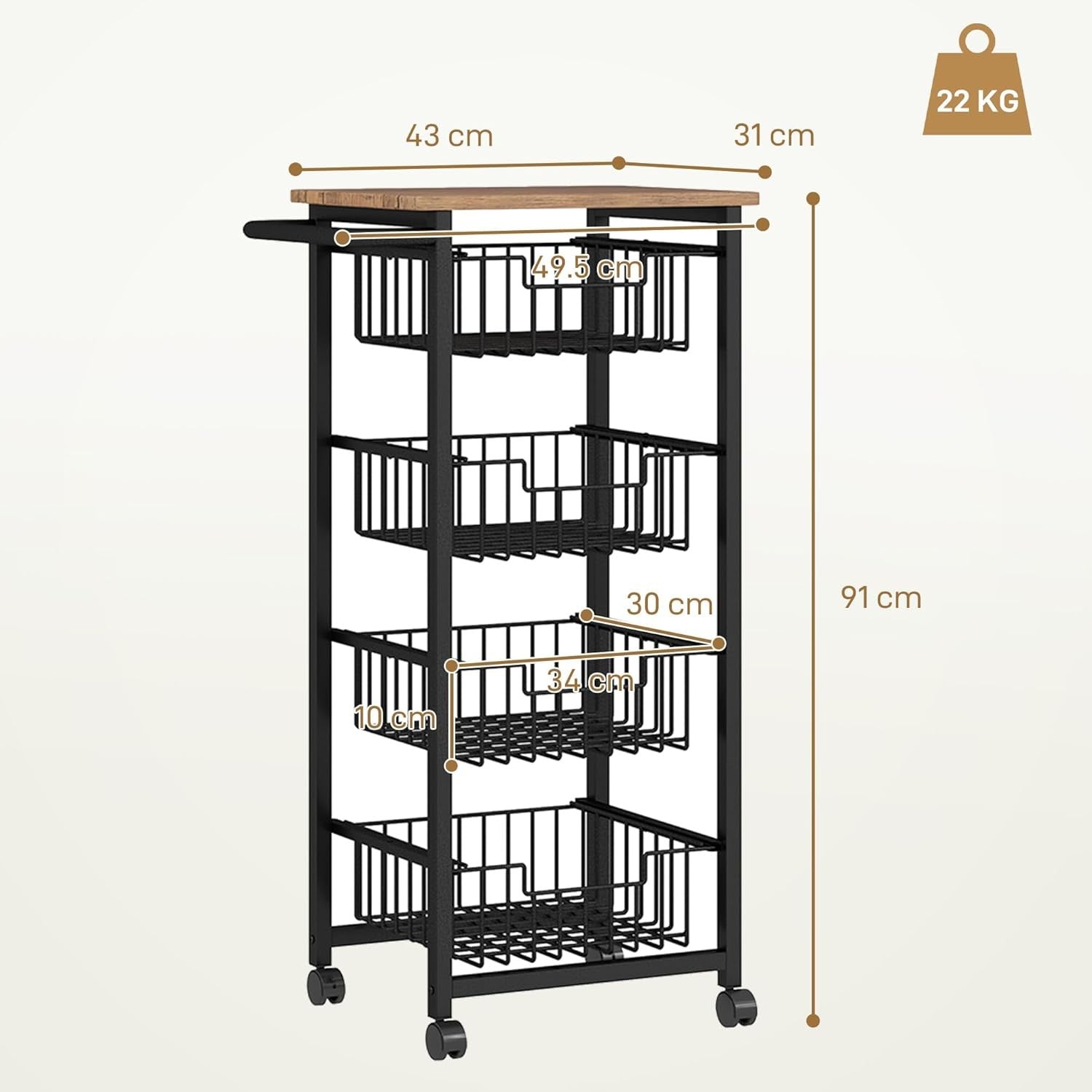 4 Tier Kitchen Storage Trolley with Pull Out Baskets Rolling Utility