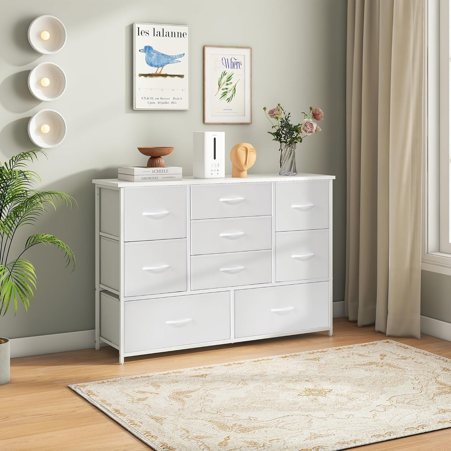 9 Drawer White Chest of Drawers Fabric Organizer Storage Dresser Bedroom TV Stan