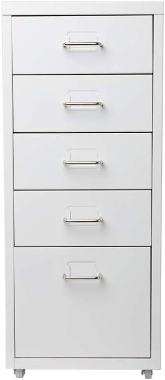 White Metal Mobile Filing Cabinet 5 Drawer Vertical Office Storage