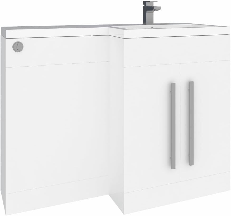 1100mm L Shape Right Hand Vanity Unit with Basin Sink & BTW Toilet Gloss White