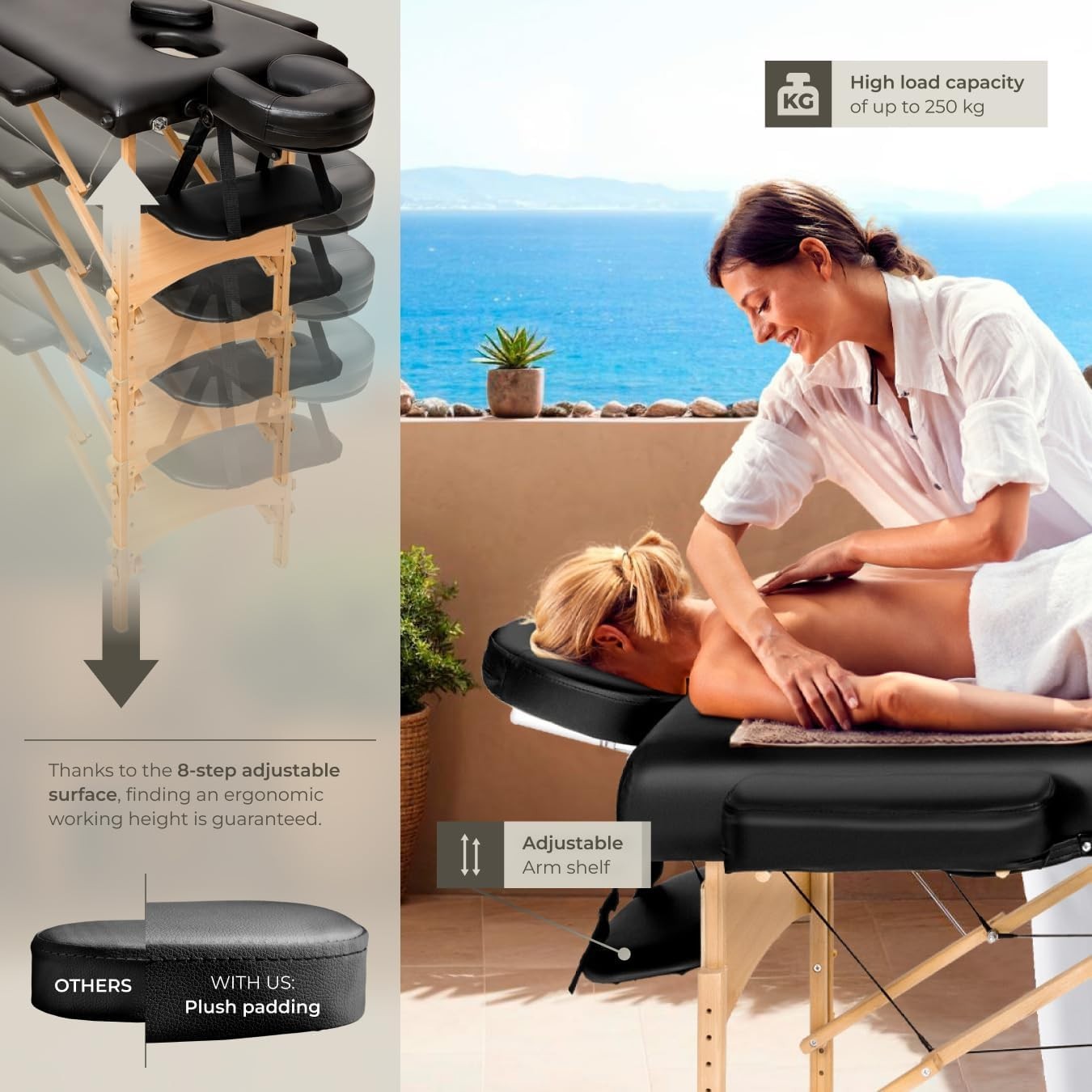 Portable 3 Zone Massage Table Foldable Therapy Beauty Bed 61cm Adjustable Black
