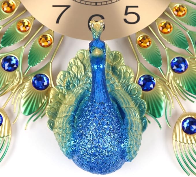Luxury Peacock Wall Clock 60cm Diamond Decor Large Silent Metal Home Art