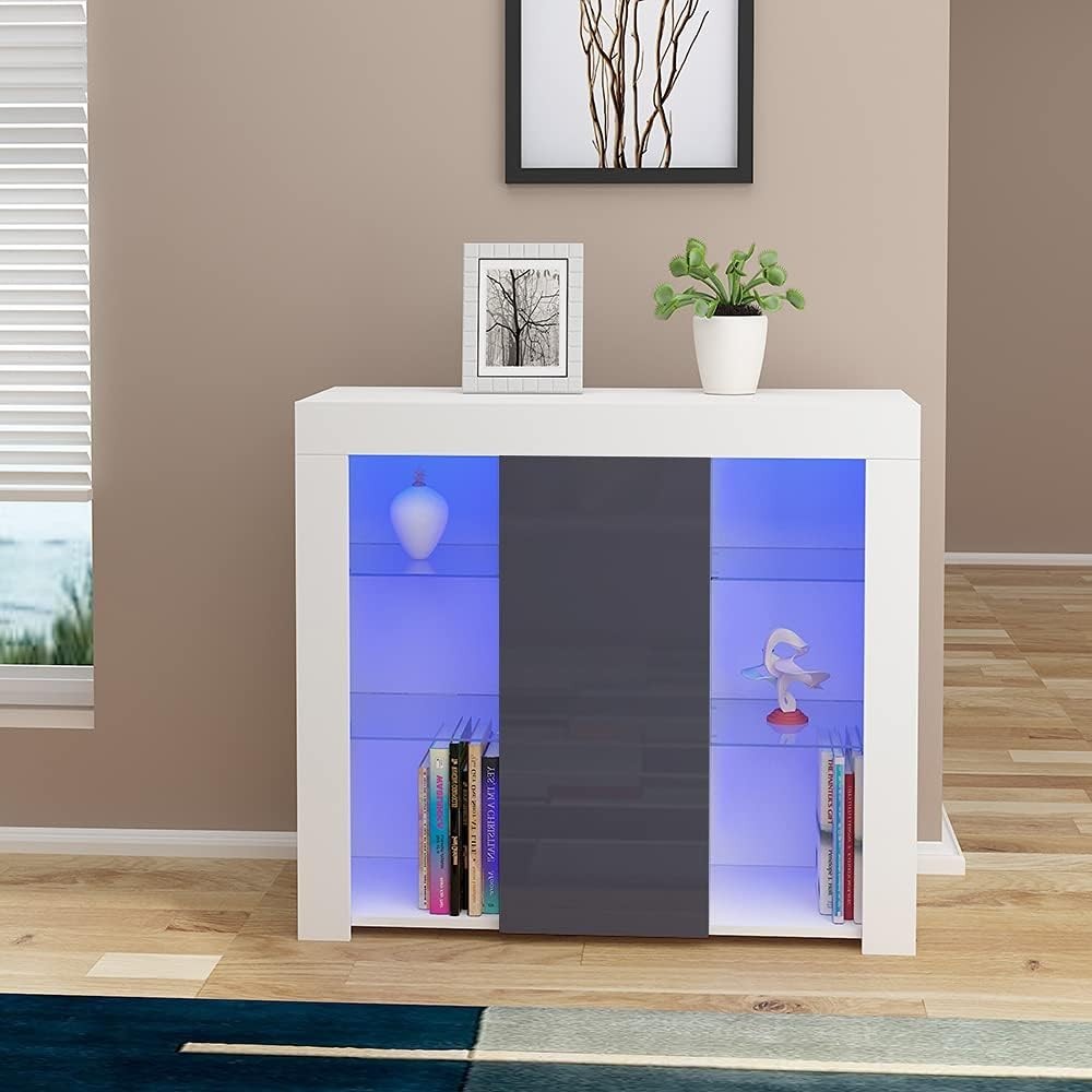 LED Sideboard Cabinet Grey Modern Display Unit with Glass Shelves RGB