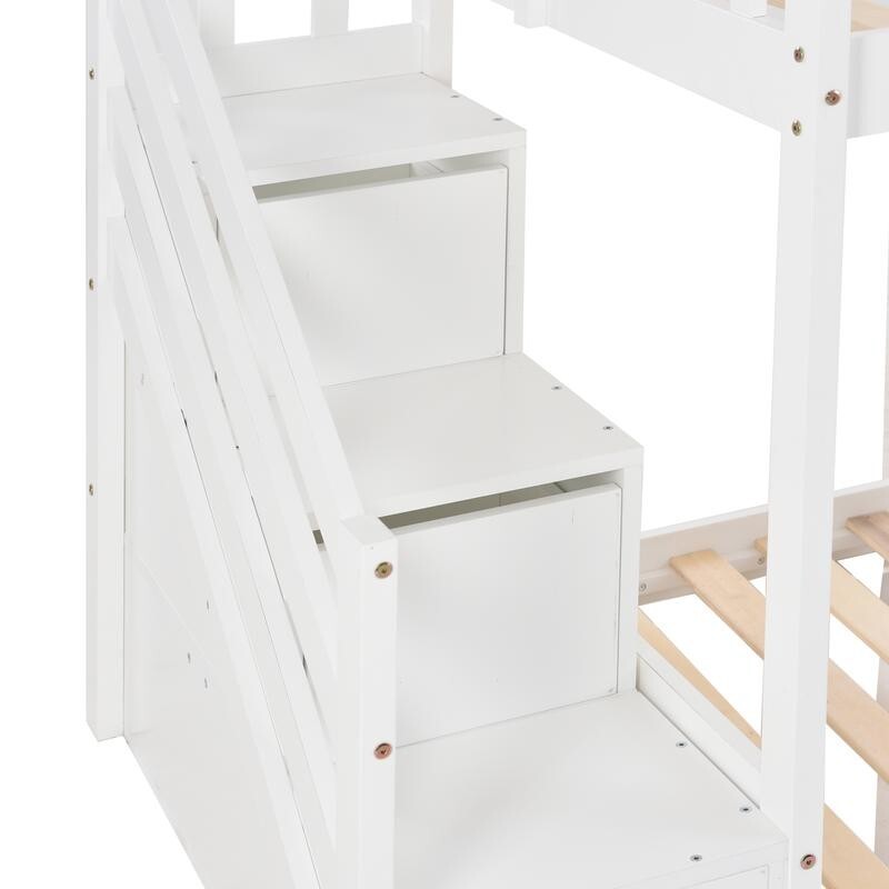 Kids Bunk Bed with Slide & Stairs White Pine Frame Storage Drawers 90x190cm