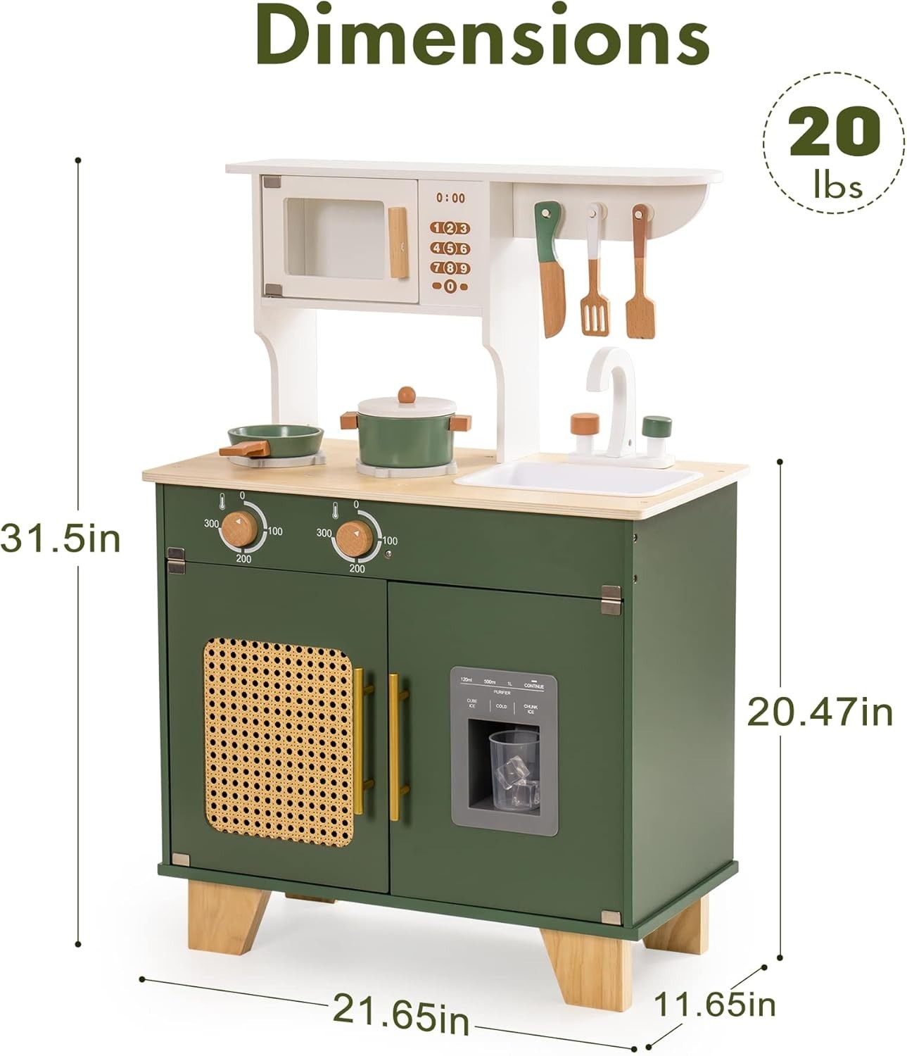 Wooden Kids Play Kitchen w/ Ice Dispenser Vintage Green Toy