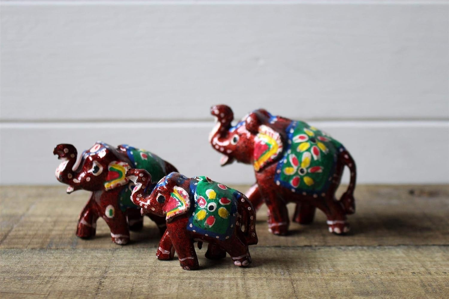 Hand Painted Elephant Ornaments Set of 3 | Colourful Decor Figurines