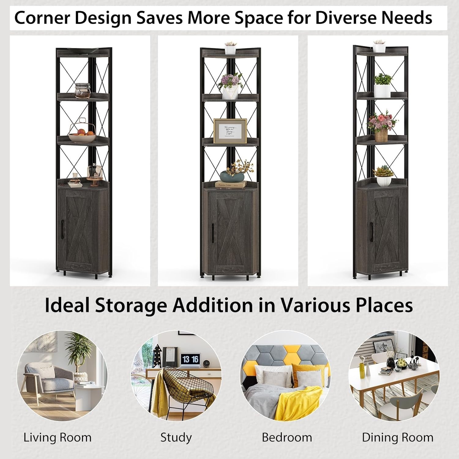 Grey 6-Tier Corner Bookcase Tall Freestanding Storage Shelf with Cabinet