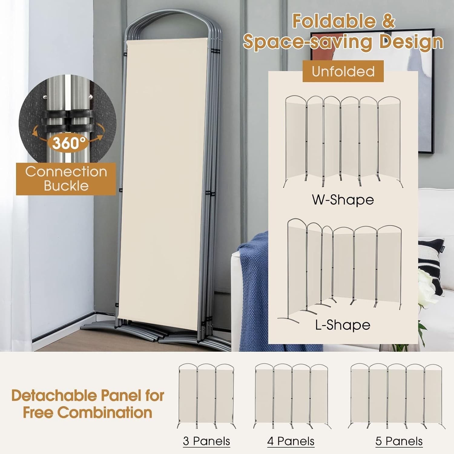 6 Panel White Folding Room Divider Privacy Screen Freestanding Partition 331x188