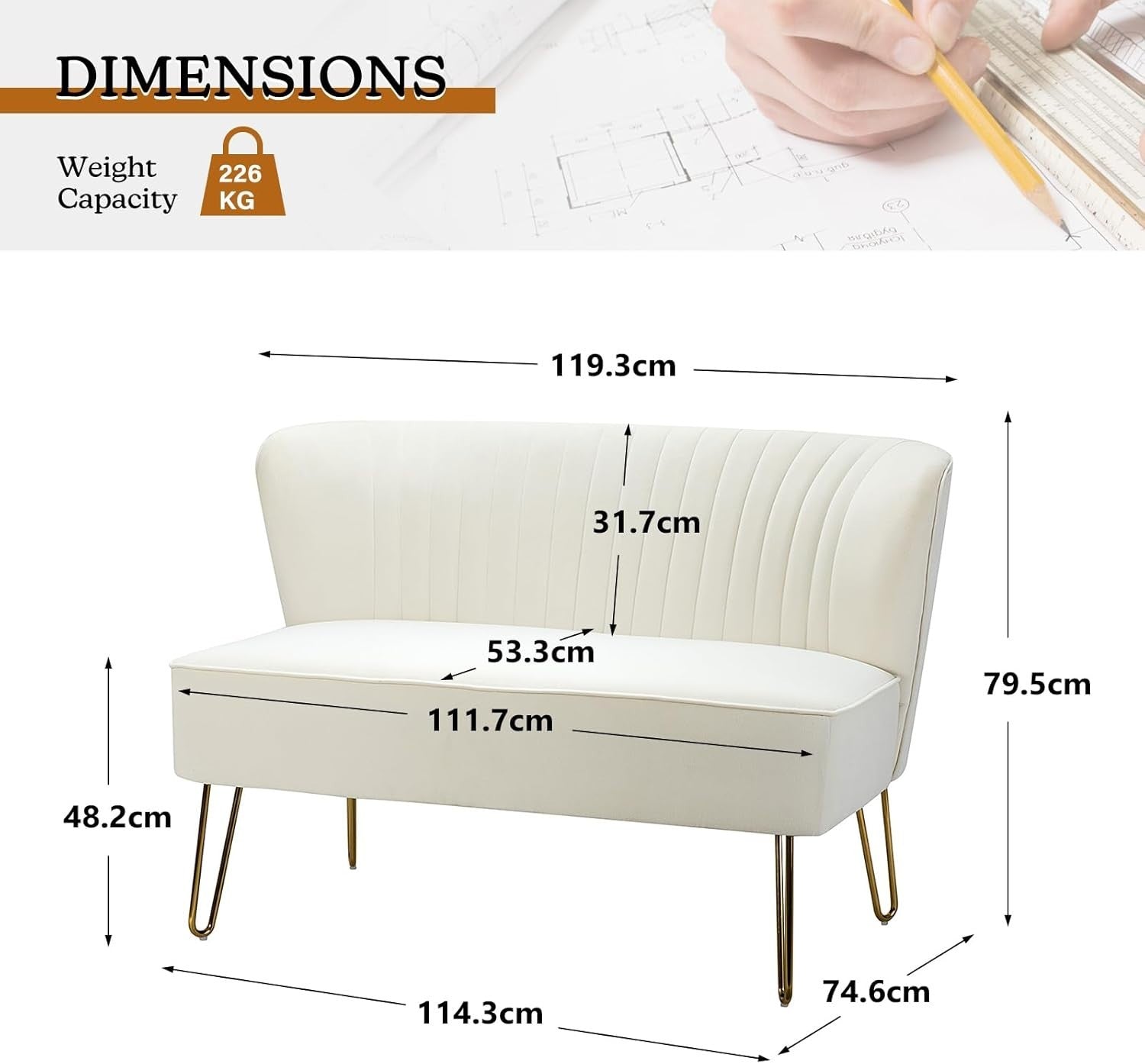 Lvory Velvet 2 Seater Sofa with Gold Legs Compact Loveseat for Lounge Flat