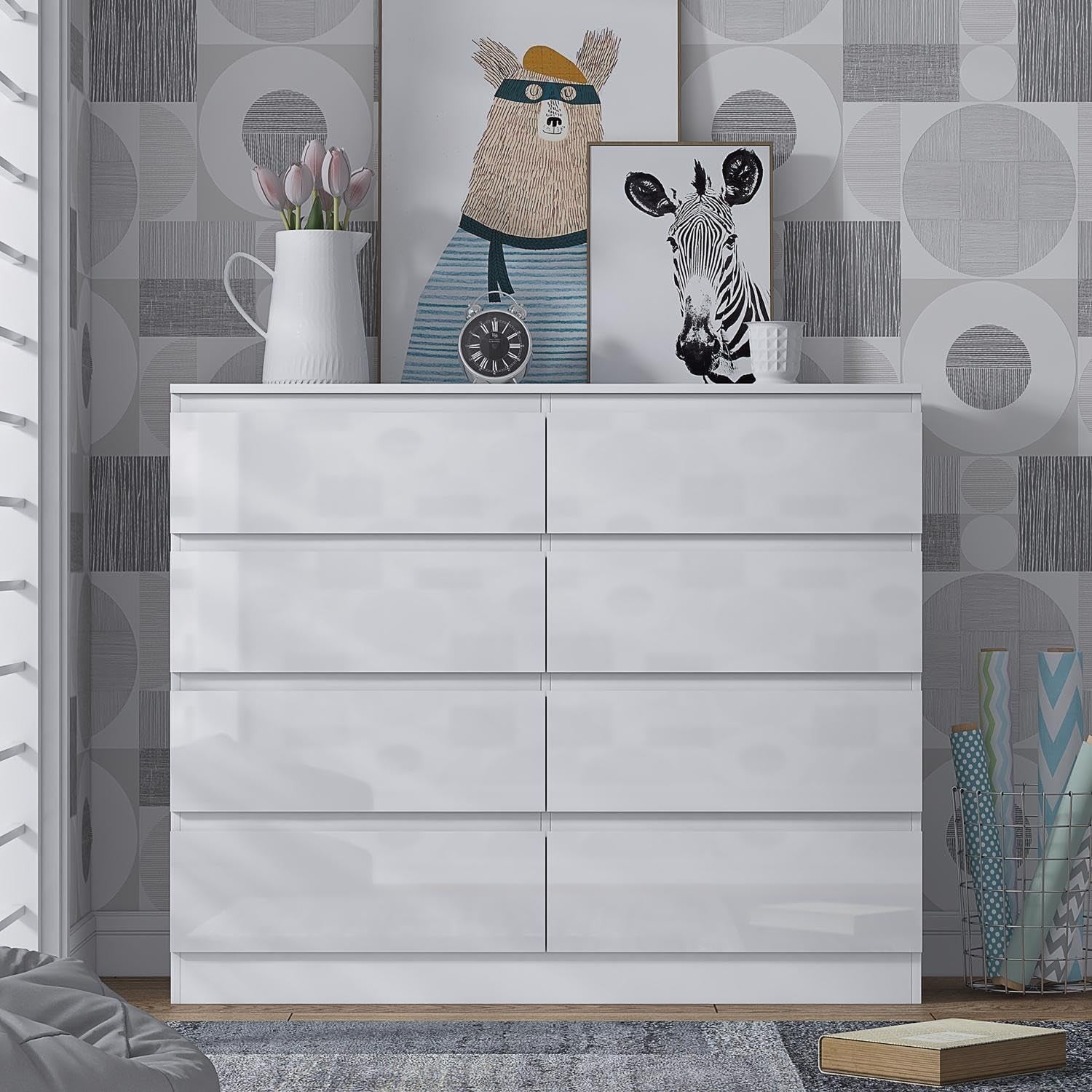 White Gloss 8-Drawer Chest Bedroom Storage Unit Handle-Free Modern Design