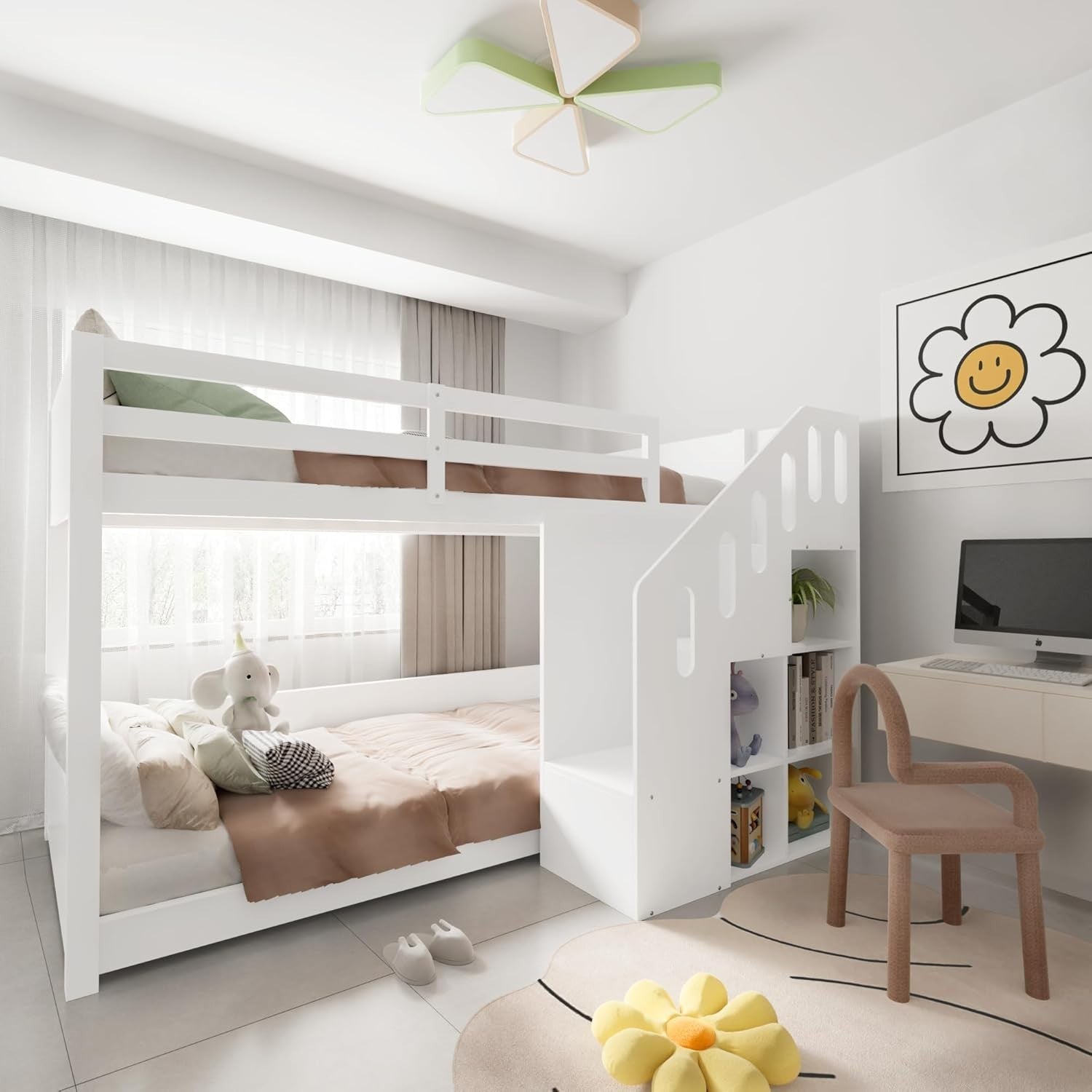 Space-Saving 3FT Kids Bunk Bed with Storage Stairs, Cabinets & Safety Railings