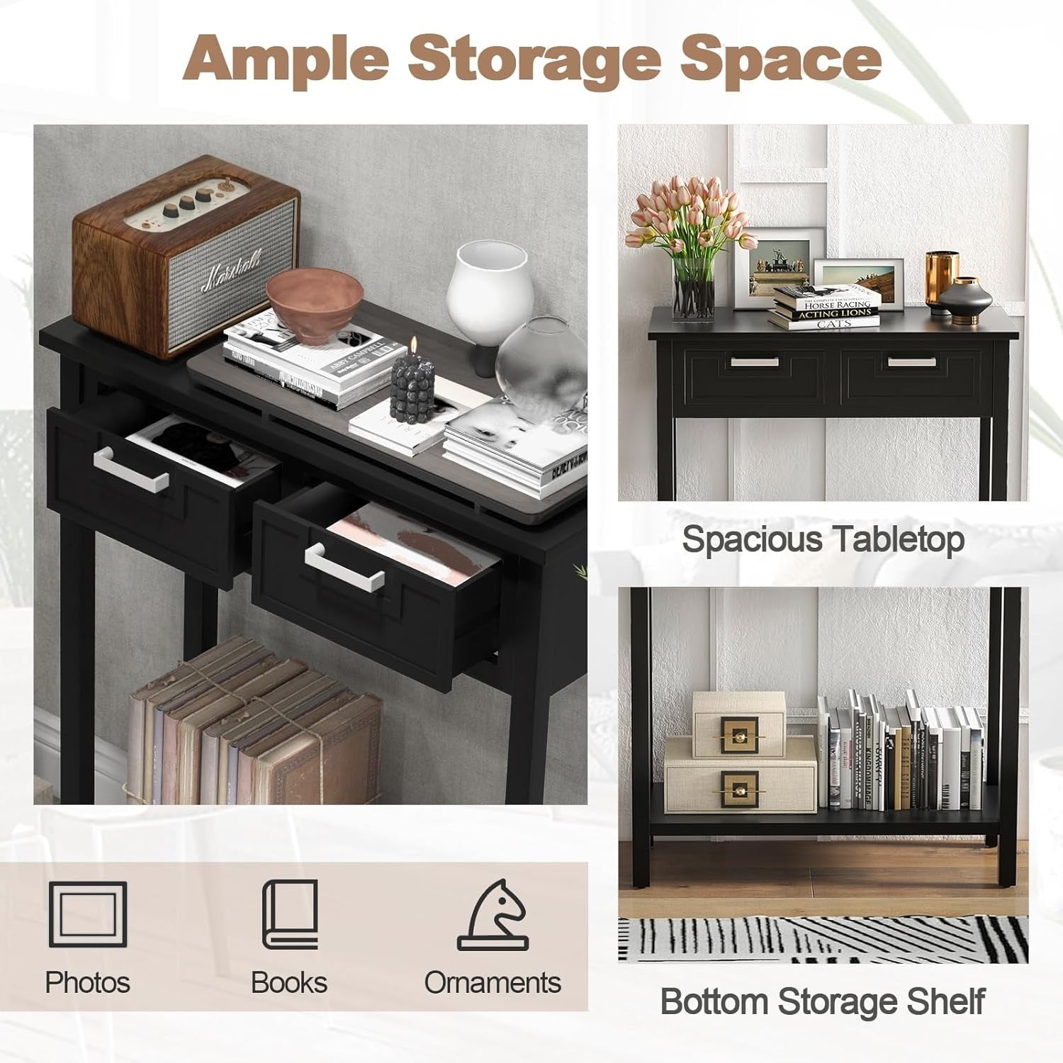 Modern Black Console Table with 2 Drawers & Bottom Shelf, Sturdy